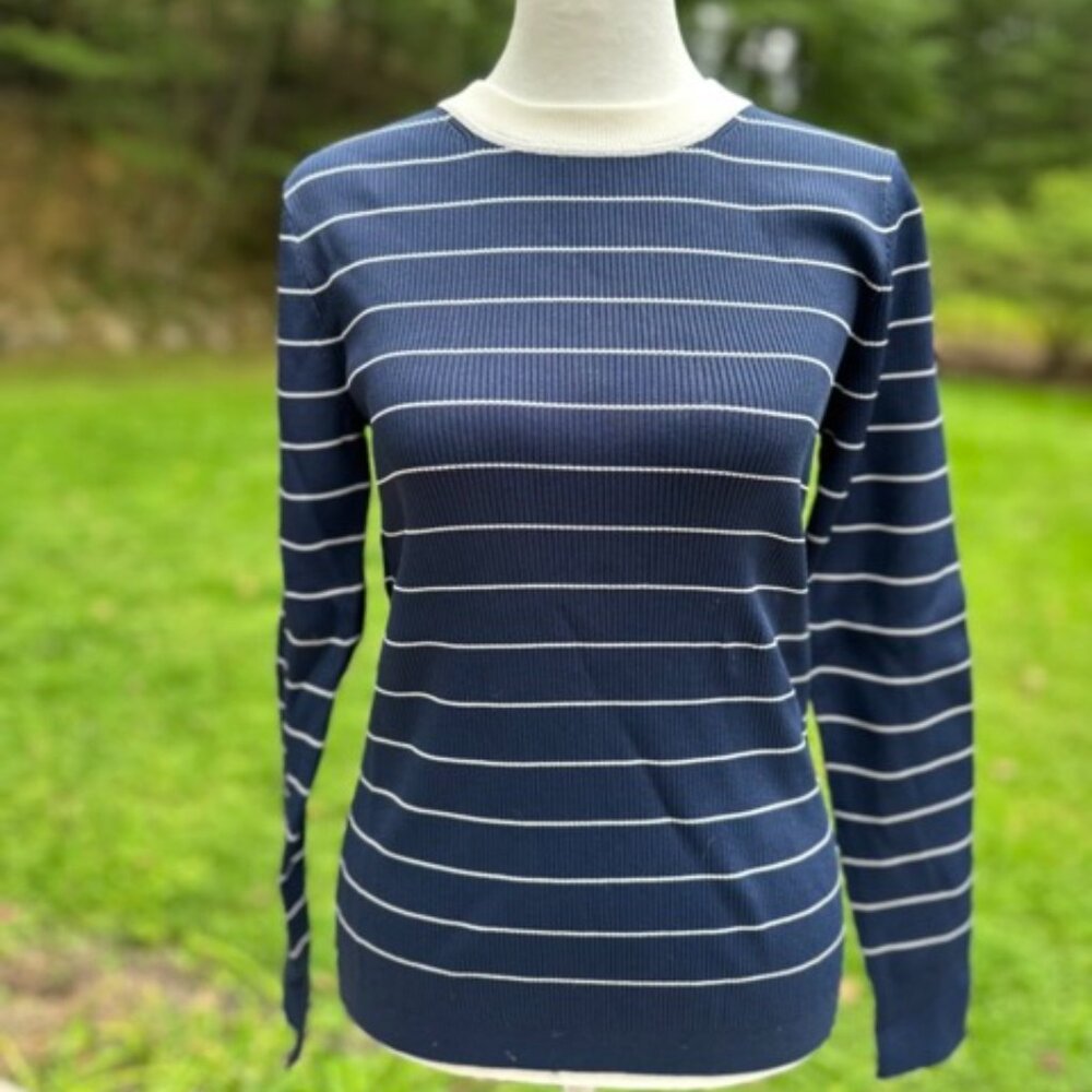 J. Crew Ribbed Stretch Crewneck Sweater Navy and White Stripes - S - NEW w Tags